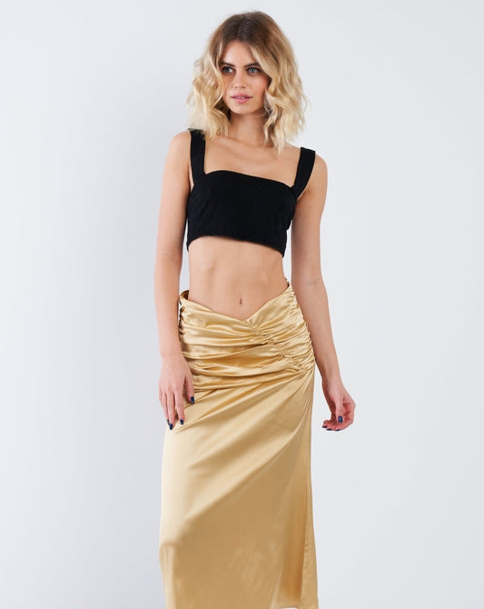 Satin Ruffle Waist Midi Skirt